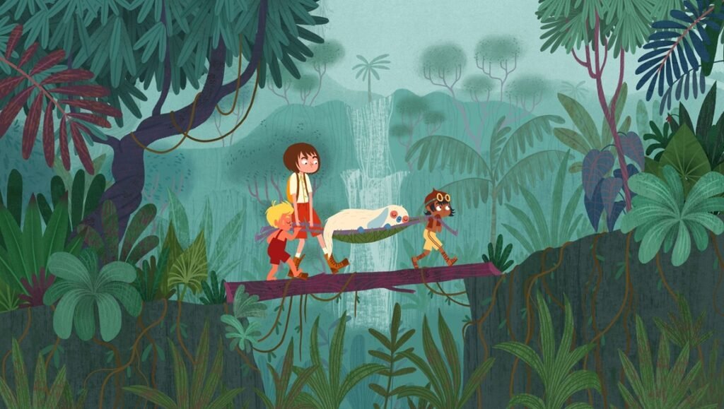Three children carry a sleeping white creature in a hammock across a log bridge in a lush green jungle.