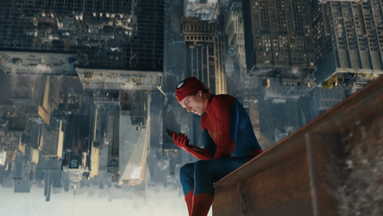 Spider-Man sits on a steel beam while looking at a smartphone against an inverted New York City skyline.