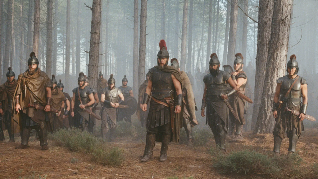 Warriors in dark metallic breastplates and crested helmets march through a hazy, thin-trunked pine forest.