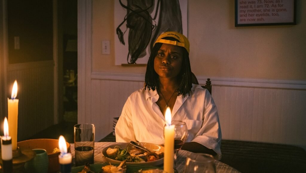 Woman wearing a yellow baseball cap sits at a candlelit table with a plate of food in a dimly lit room.