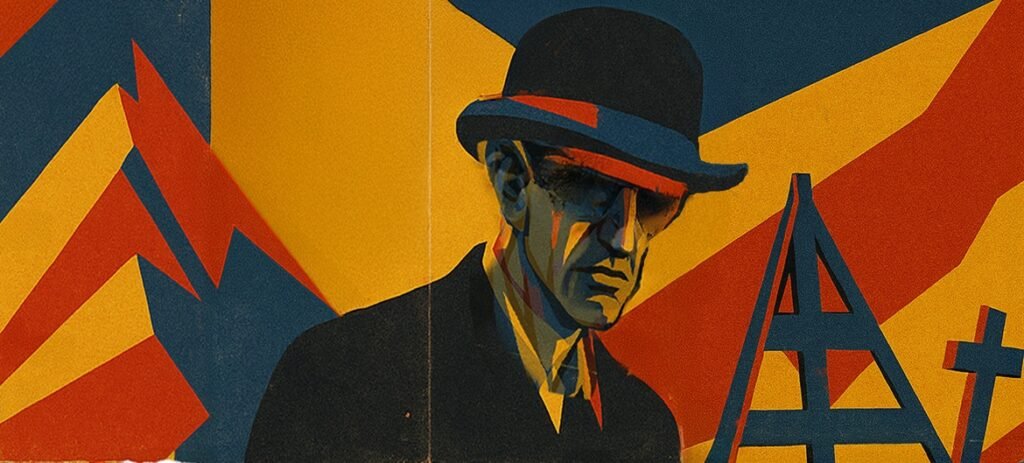 Racing Through the Night; or, What’s Going to Happen Next: An Interview with Alex Cox on Dead Souls Stylized illustration of a man in a bowler hat against a geometric yellow, red, and blue background with a frame structure.