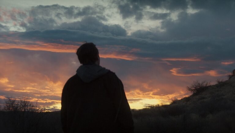 Person in a hoodie standing in a field and looking up at a dramatic sunset with orange and dark blue clouds.