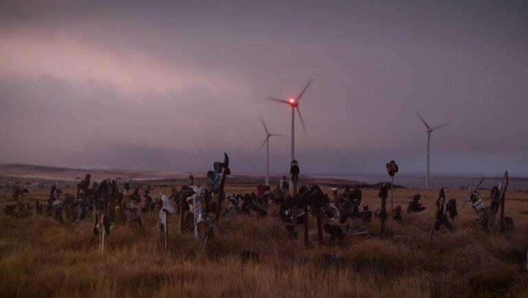 Many shoes mounted on wooden stakes in a grassy field under a dusky sky with distant wind turbines.