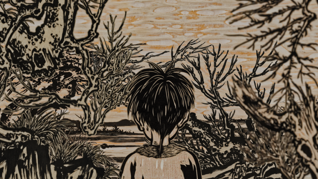 A stylized illustration of a person seen from behind, standing amidst dark, gnarled trees overlooking a distant landscape.