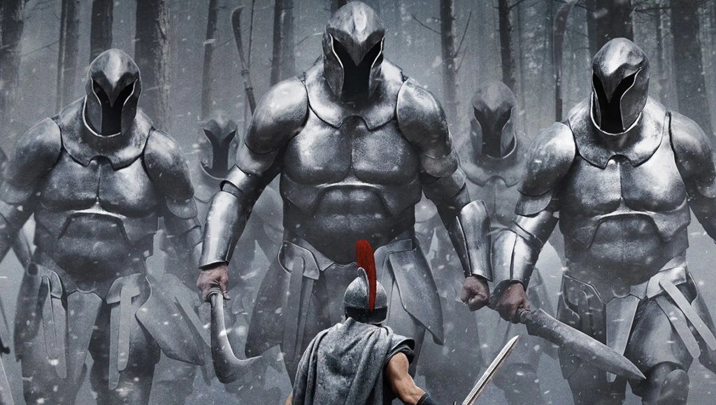 Lone warrior in a plumed helmet faces a towering wall of hulking, metallic-armored giants in a dark, snowy forest.