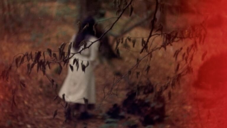 Figure in a white coat walks through a blurred, wooded area framed by dry, withered branches and a red light leak.