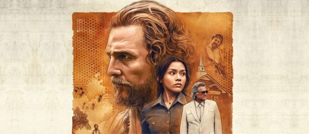 There’s A Certain Code In That World: An Interview with Andrew Patterson On The Rivals Of Amziah King Illustrated poster for The Rivals Of Amziah King featuring a bearded man, a young woman, and a man in a white suit.