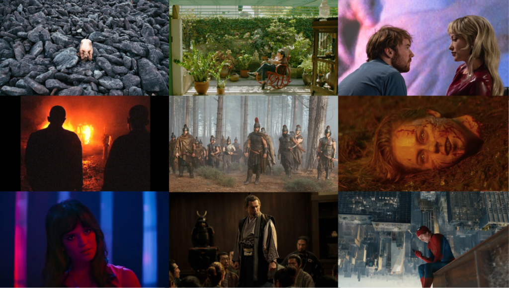 Grid display showcasing nine distinct movie stills featuring diverse characters, historical warriors, and fantasy settings.