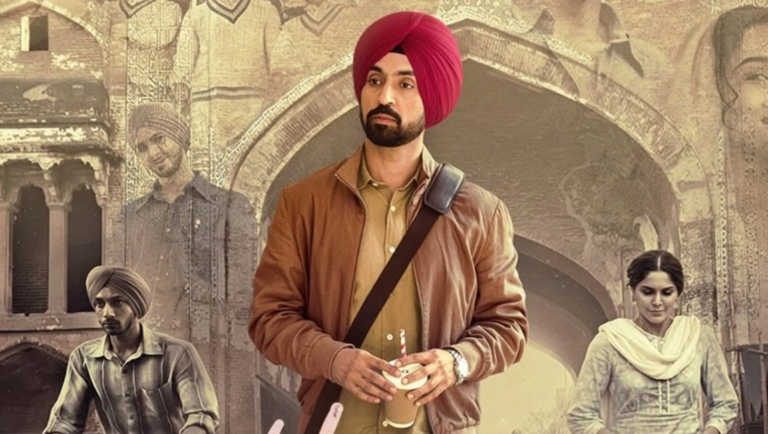 Man wearing a red turban and brown jacket holds a coffee cup in front of a sepia-toned backdrop of historic architecture.