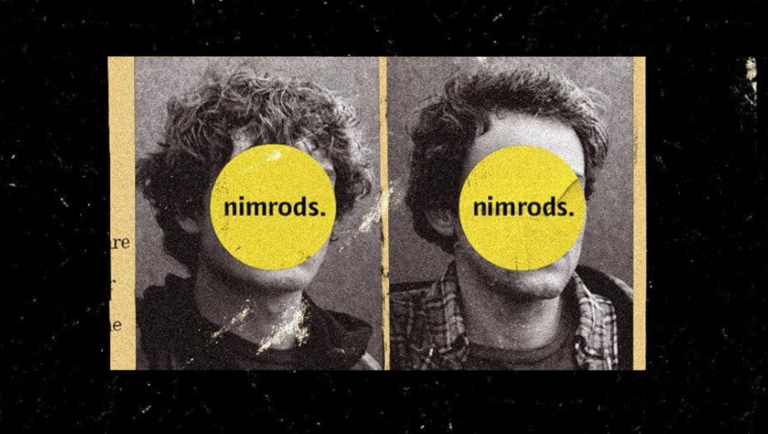 Two black-and-white portraits of a young man with a yellow circle covering his face, each stamped with nimrods.