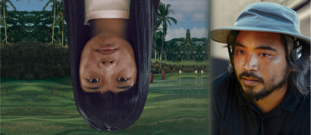 Man wearing a blue bucket hat and headphones beside a mirrored image of a person with long dark hair on a golf course.