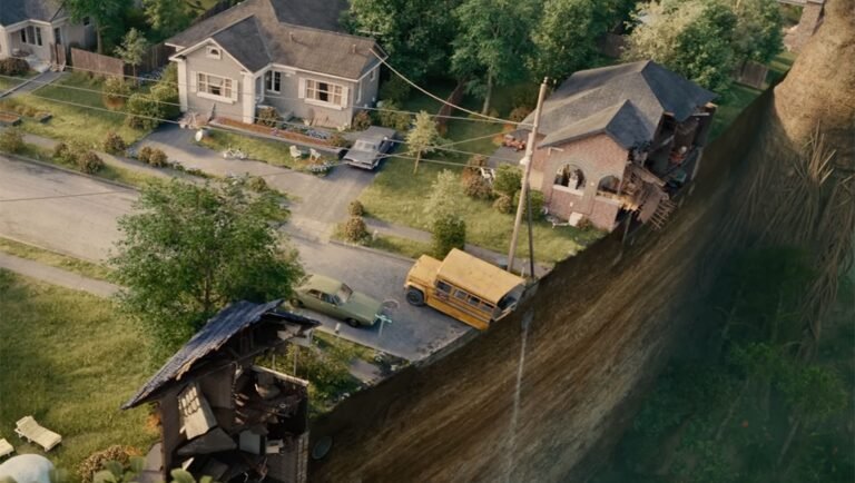 Suburban street ending abruptly at a massive cliff, with houses and vehicles cut in half by the void.