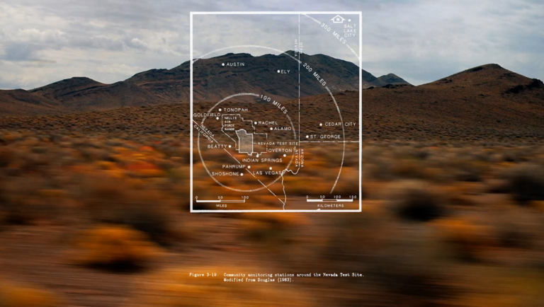 A map of the Nevada Test Site with distance rings overlaid on a blurred desert landscape with mountains.