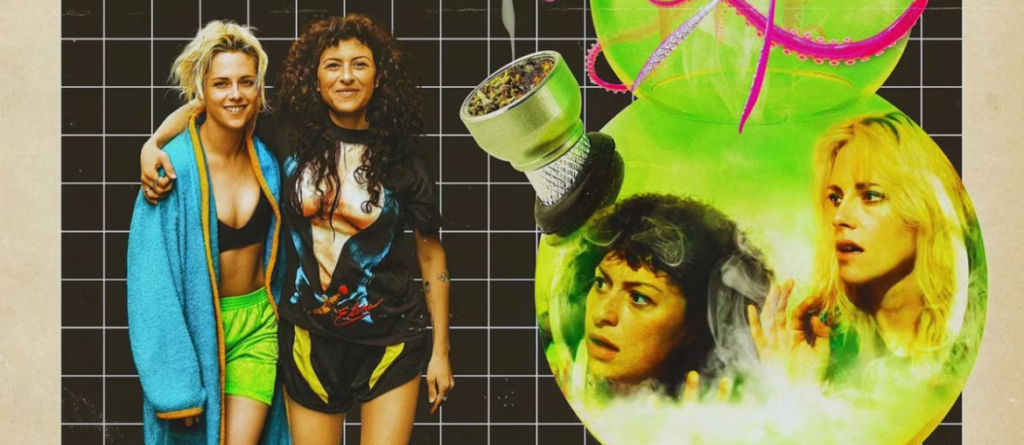 Kristen Stewart and a woman with curly hair pose next to a neon green graphic featuring a smoking glass pipe.
