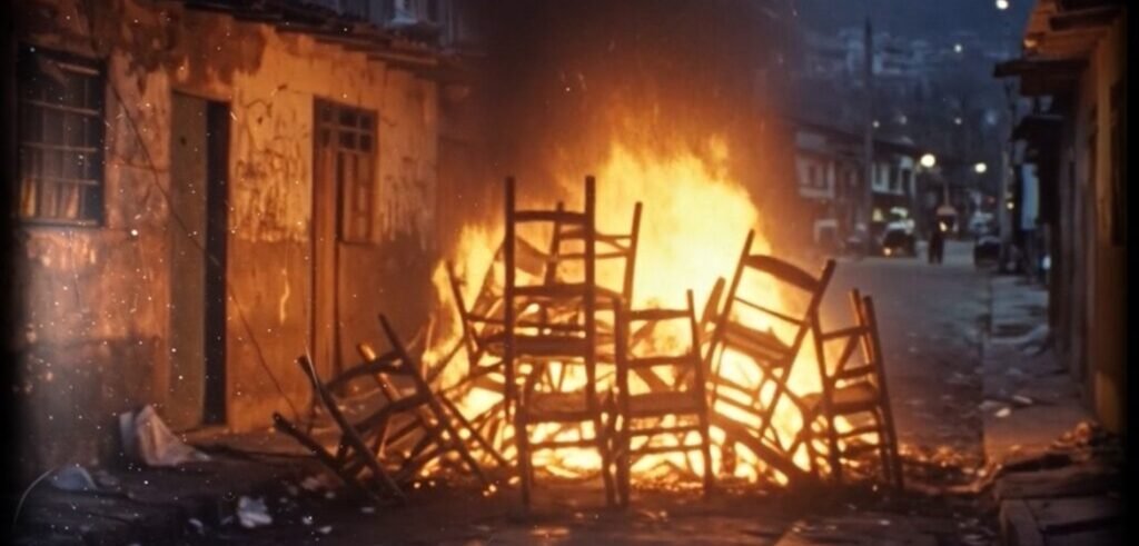 Wooden chairs burning in a bright orange fire on a dark residential street at night.