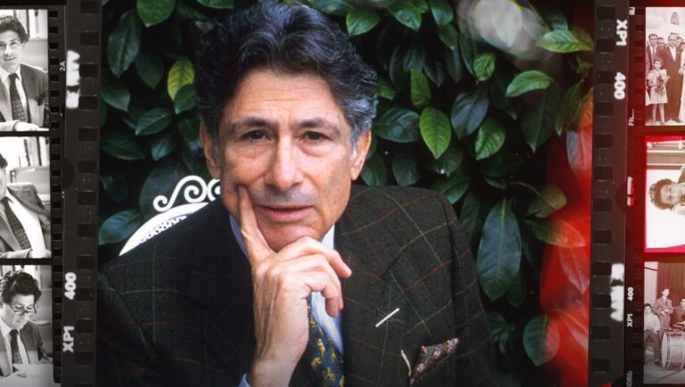 Edward Said rests his chin on his hand against green foliage, framed by film strips and family photos.