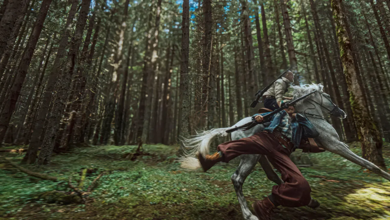Two people riding a white horse through a dense, tall pine forest while carrying rifles.