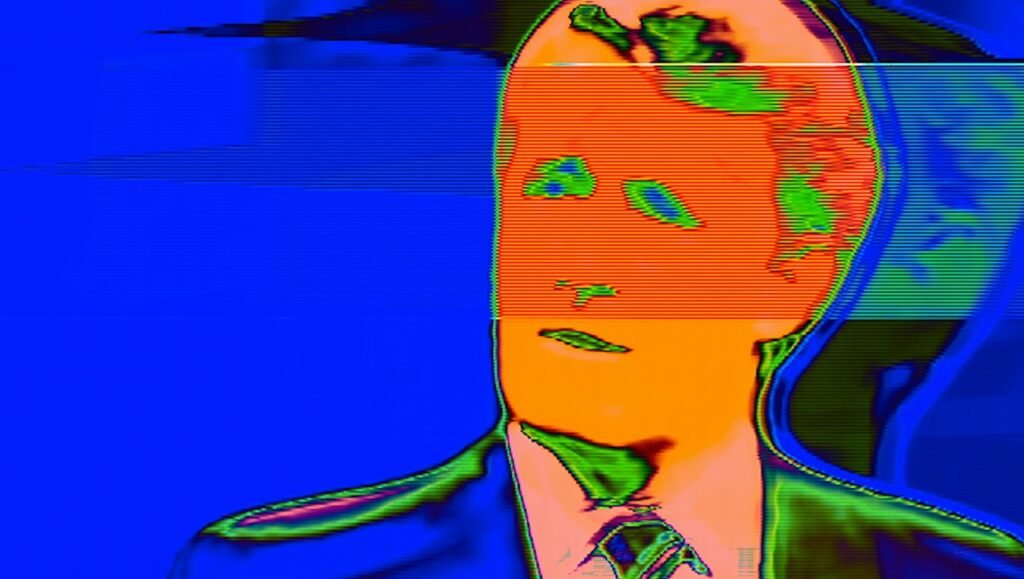 TIFF 2026 — Dispatch 4: Love of Your Life, Drifter, Ladies and Gentlemen, Brian Mulroney Glitch-art portrait of a man's face rendered in saturated orange, blue, and green with horizontal scanlines.