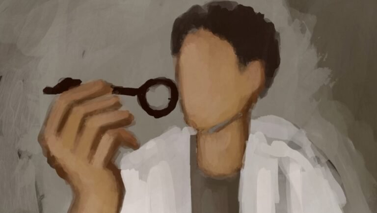 Faceless painted figure in white shirt holding a dark key against a gray background