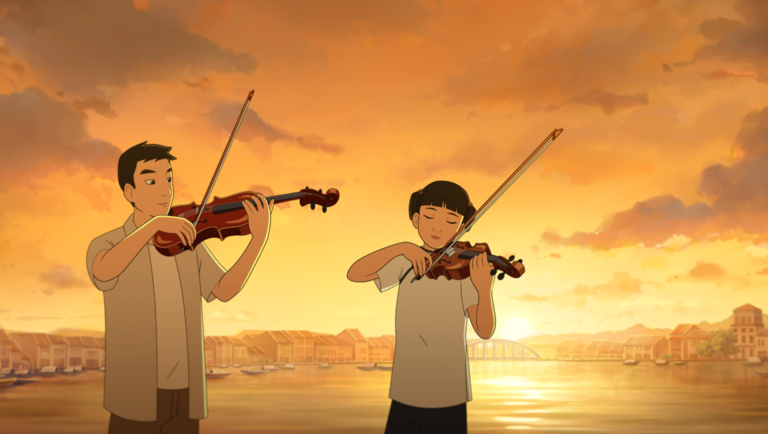 A man and a young girl playing violins against a sunset backdrop over a river and city skyline.