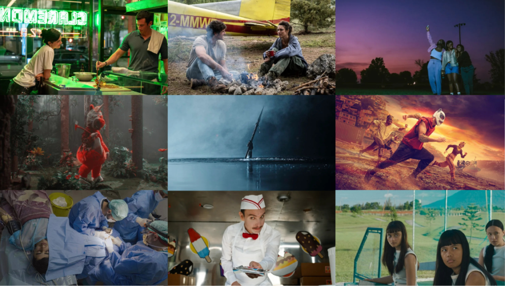 Collage of nine film scenes featuring diverse characters, outdoor landscapes, and dramatic cinematic lighting.
