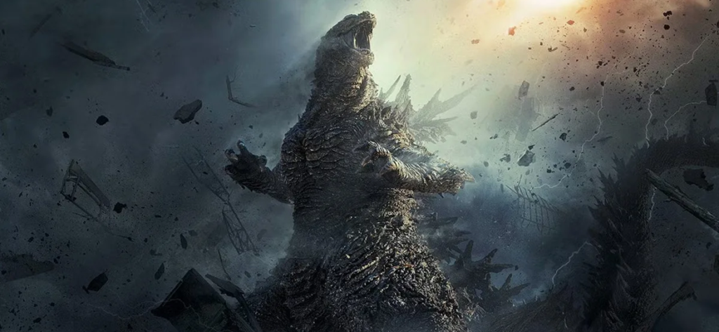 Godzilla roaring amidst swirling debris and dark smoke in a chaotic, destruction-filled scene