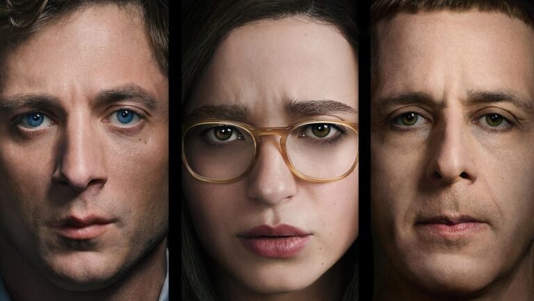Three close-up portraits of a man, woman in glasses, and man against black background