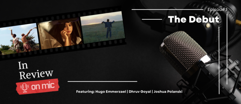 Film strip with three movie stills beside a studio microphone and text reading In Review on Mic, Episode 1: The Debut