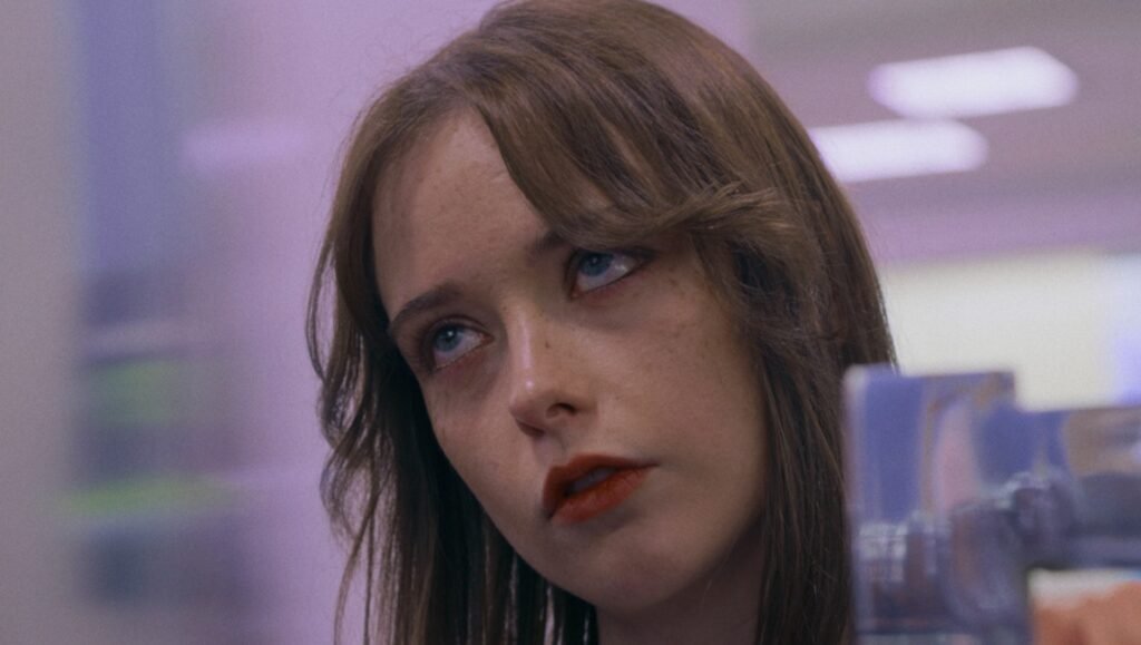 Freckled young woman with long brown hair and red lipstick gazing upward in a dimly lit aisle