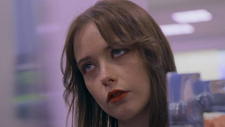 Freckled young woman with long brown hair and red lipstick gazing upward in a dimly lit aisle