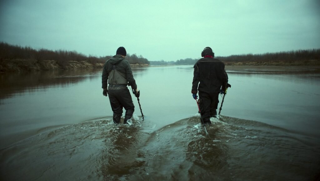Two people wading through a wide river holding walking sticks under an overcast sky