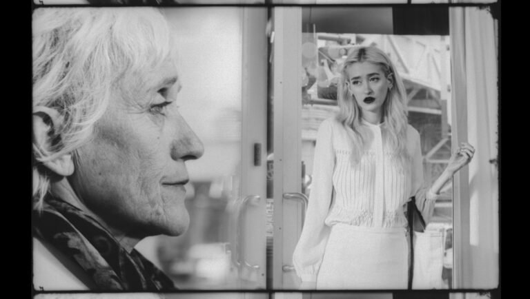 Black-and-white split composition: an older woman's profile in close-up beside a blonde woman standing in a doorway