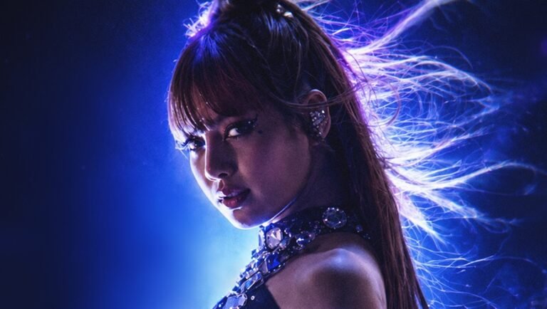 Lalisa Manobal in profile against a blue-lit backdrop with flowing energy tendrils, wearing a studded collar and earring.