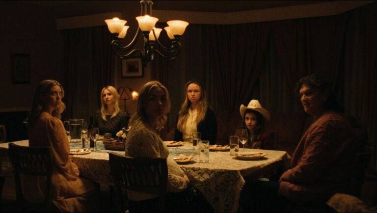 Six people sit around a dimly lit dining table under a chandelier in a dark room.