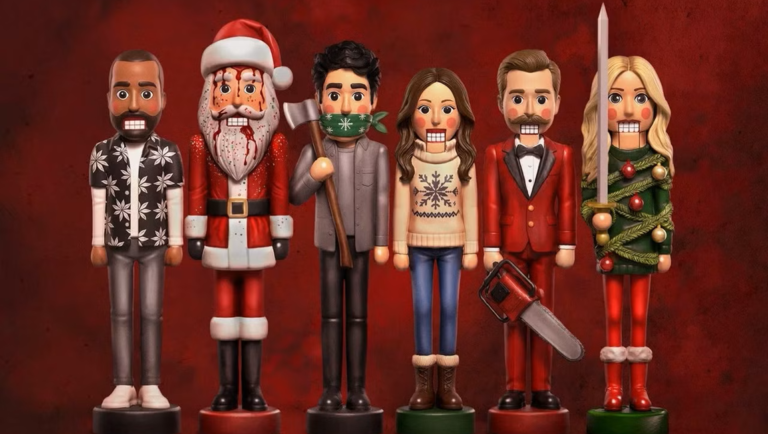 Six wooden nutcracker figures styled as characters, including Santa, a masked man with an axe, and a woman holding a chainsaw, on a red background.