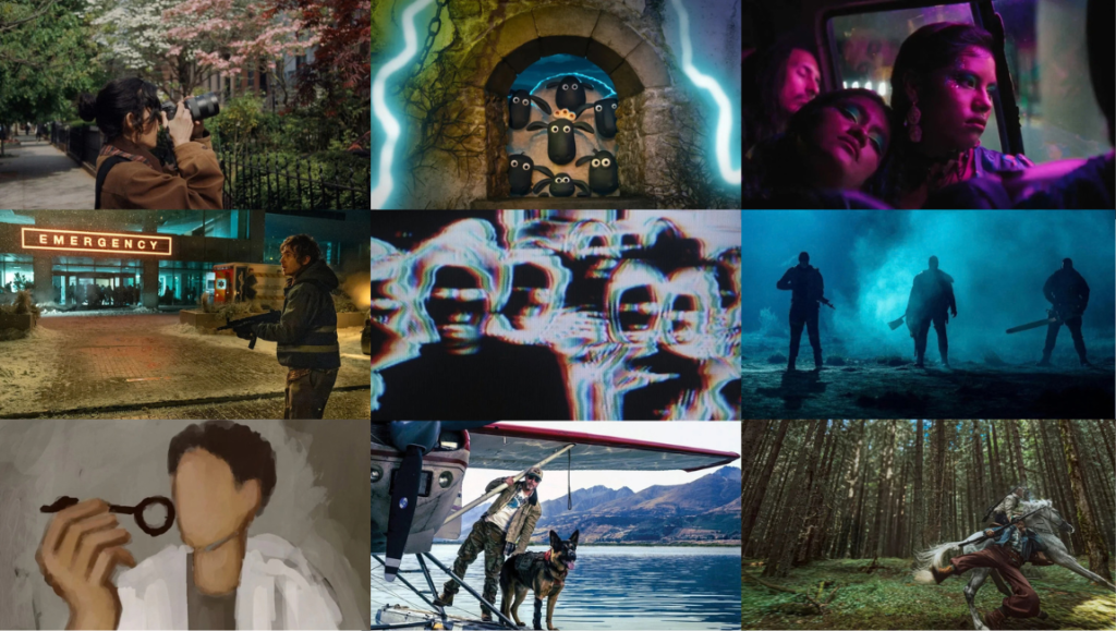 A grid of nine diverse scenes including a photographer, penguins, a woman in a car, a hospital entrance, distorted faces, silhouettes, a faceless artist, a helicopter with a dog, and a forest creature.