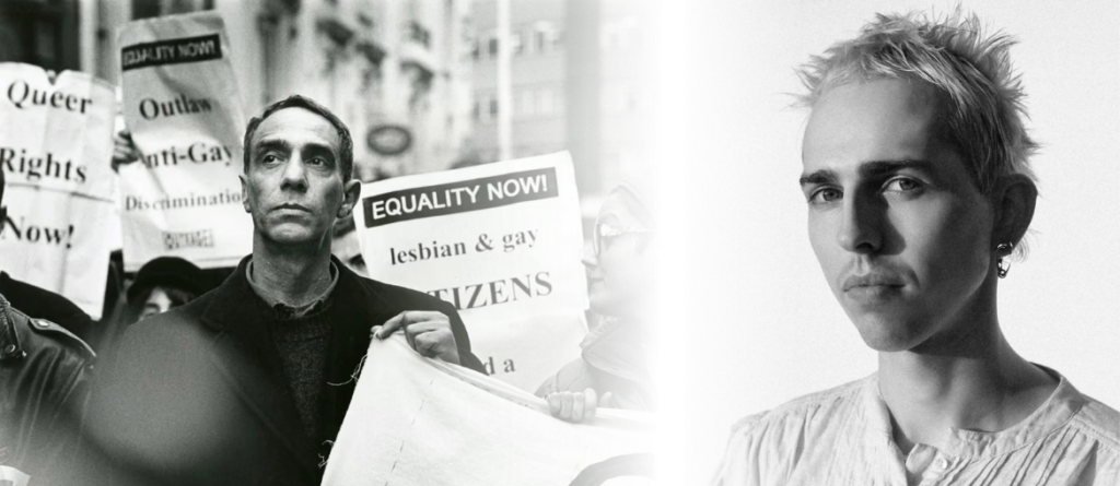 Split black-and-white image: a man at an equality march holding a sign, and a portrait of a person with short bleached hair.