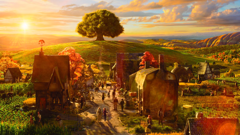 Townspeople crowd a sunlit dirt road between thatched cottages below a lone tree on a green hill at golden hour.